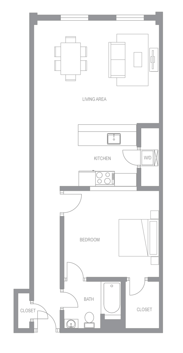 Floor plan for 1 bed, 1 bath, 824 sqft