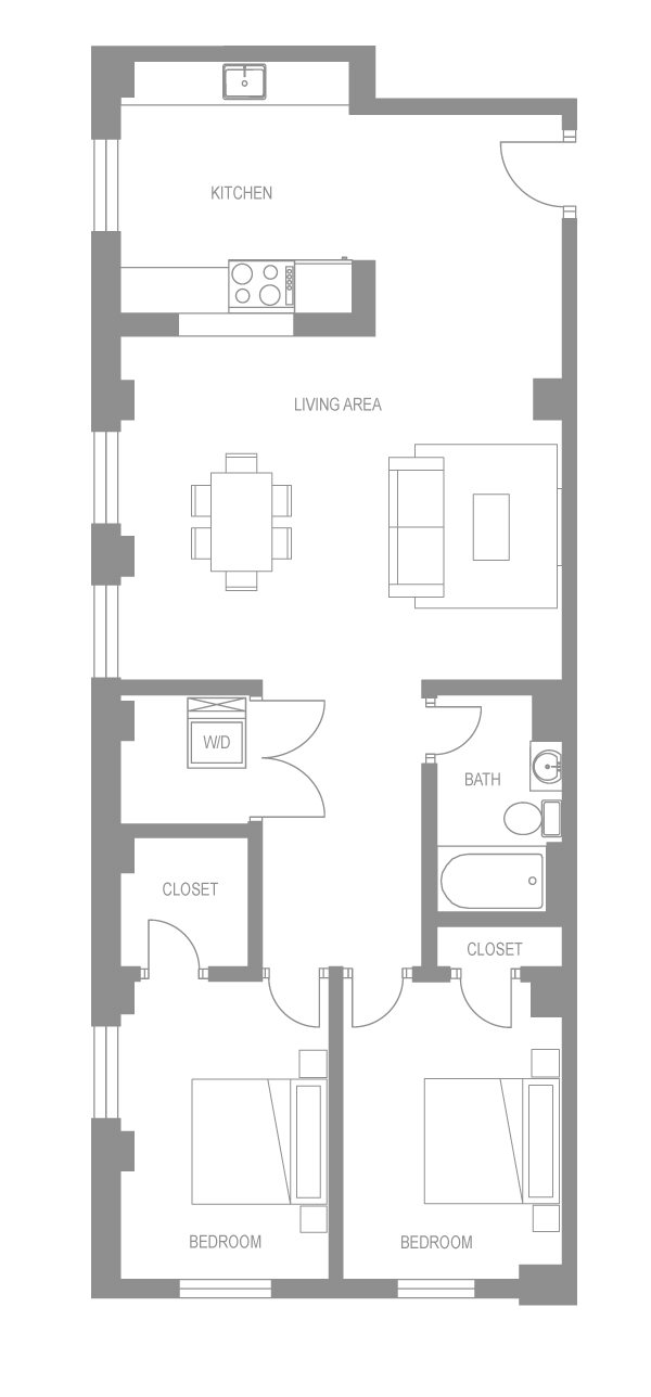 Floor plan for 2 beds, 1 bath, 975 sqft