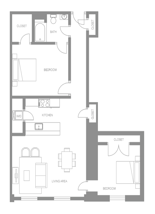 Floor plan for 2 beds, 1 bath, 975 sqft