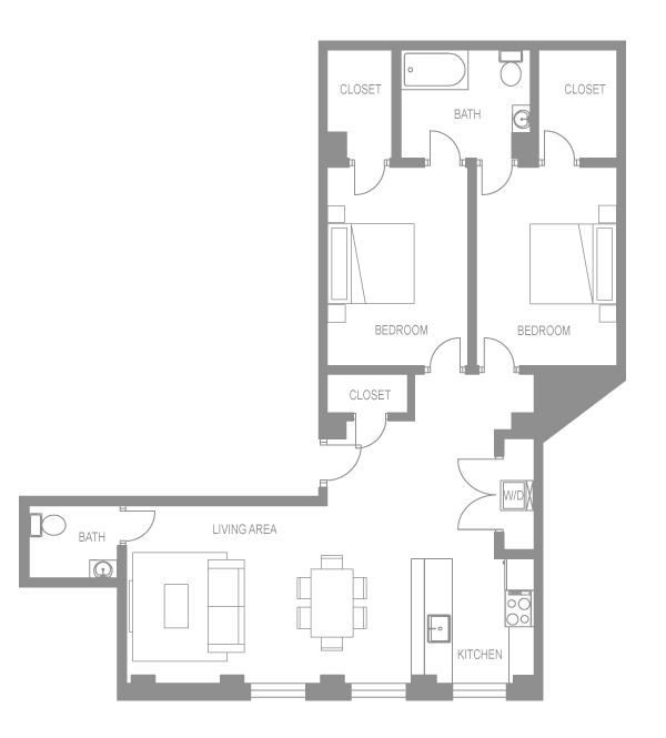 Floor plan for 2 beds, 2 baths, 1078 sqft