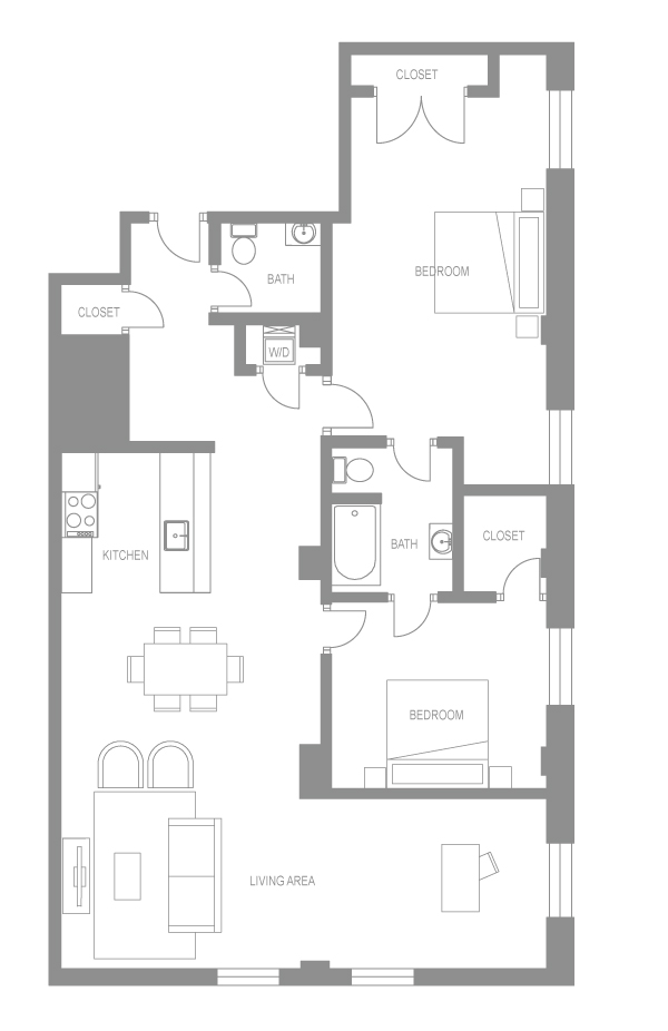 Floor plan for 2 beds, 2 baths, 1387 sqft