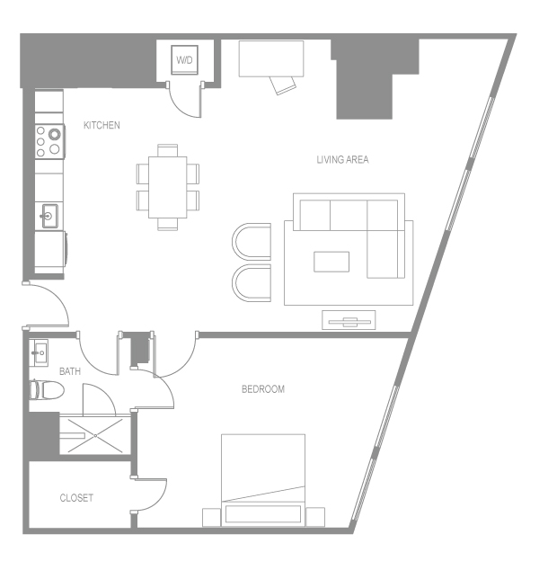 Floor plan for 1 bed, 1 bath, 904 sqft