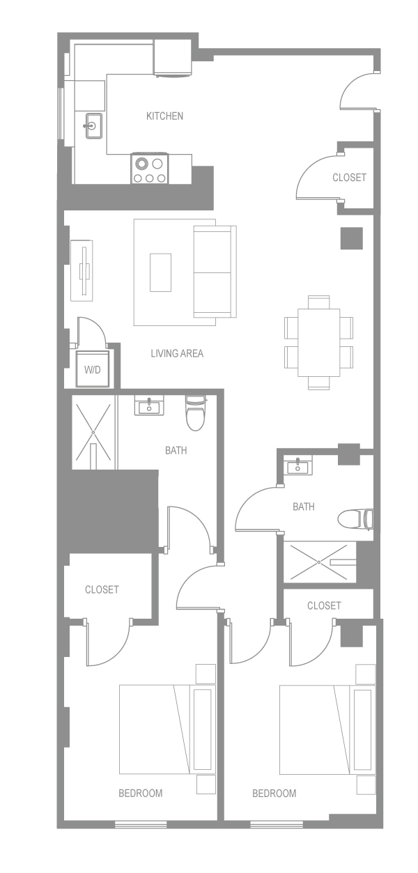 Floor plan for 2 beds, 1 bath, 975 sqft