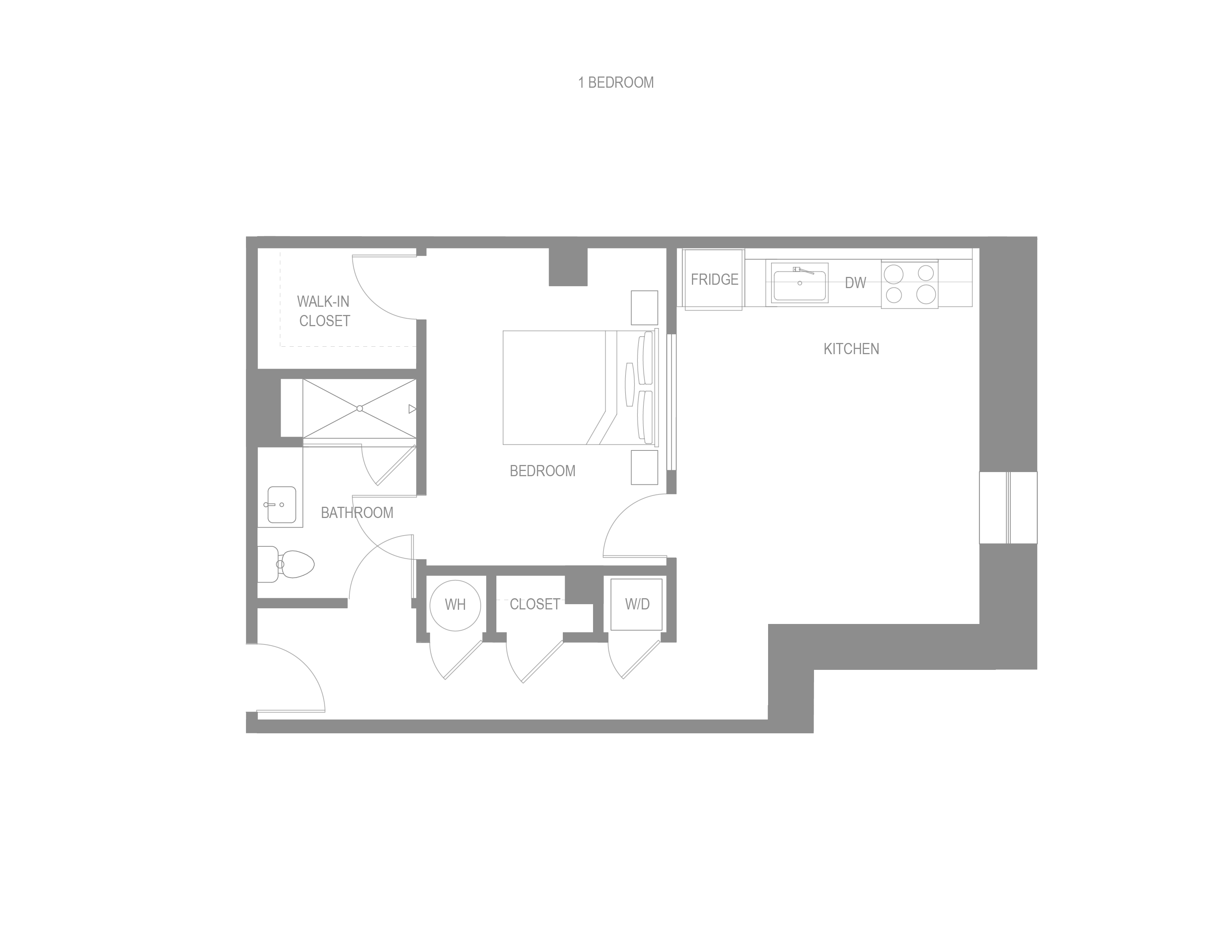 Floor plan for 1 bed, 1 bath, 740 sqft