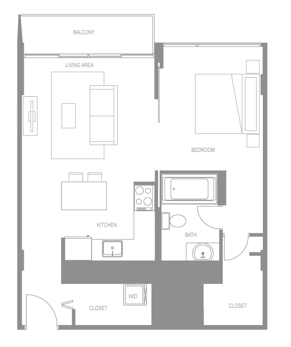 Floor plan for 1 bed, 1 bath, 622 sqft