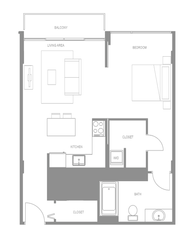 Floor plan for 1 bed, 1 bath, 656 sqft