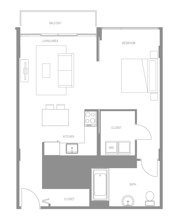 Floor plan for 1 bed, 1 bath, 656 sqft