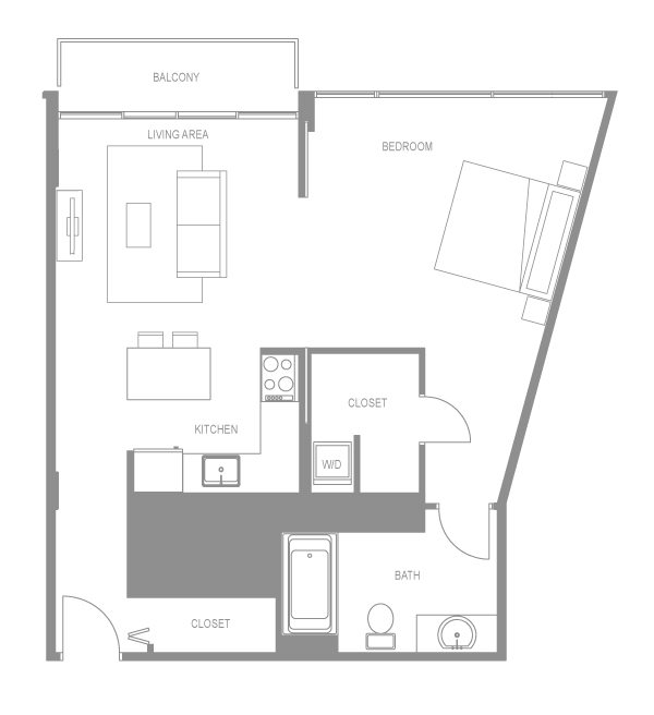 Floor plan for 1 bed, 1 bath, 725 sqft
