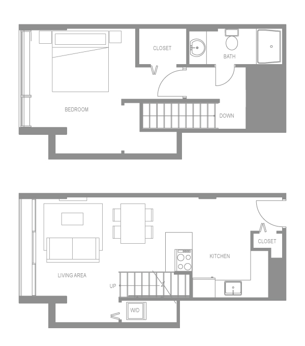 Floor plan for 1 bed, 1 bath, 770 sqft