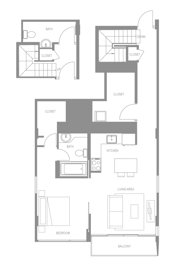 Floor plan for 1 bed, 1 bath, 775 sqft