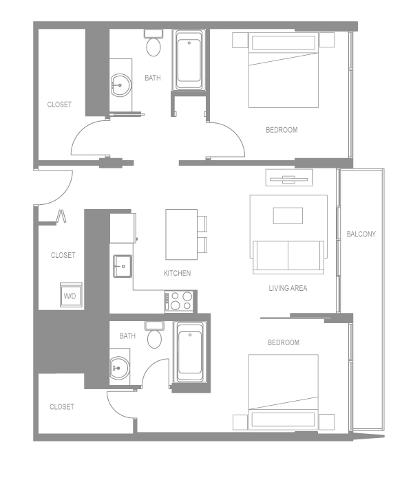 Floor plan for 2 beds, 2 baths, 942 sqft