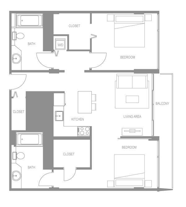 Floor plan for 2 beds, 2 baths, 1002 sqft