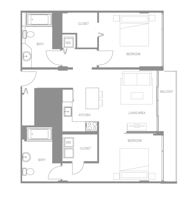 Floor plan for 2 beds, 2 baths, 1002 sqft