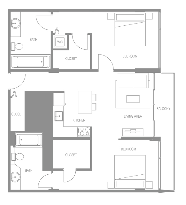Floor plan for 2 beds, 2 baths, 1002 sqft