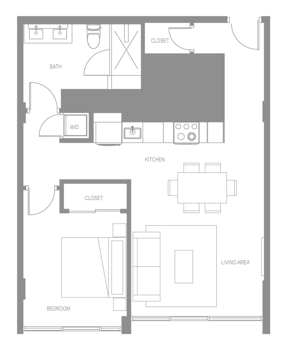 Floor plan for 1 bed, 1 bath, 656 sqft
