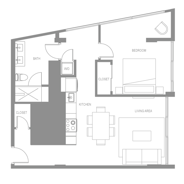 Floor plan for 1 bed, 1 bath, 725 sqft