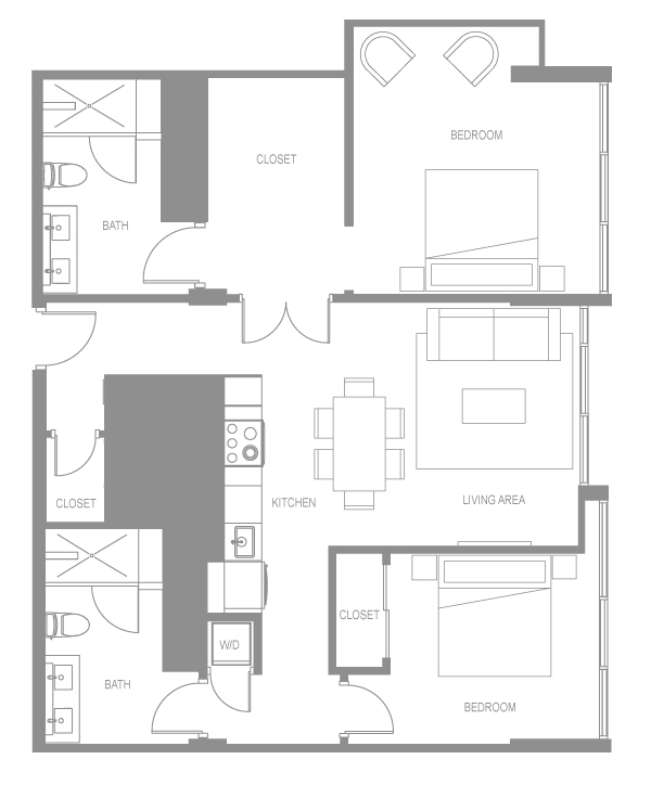 Floor plan for 2 beds, 2 baths, 1002 sqft
