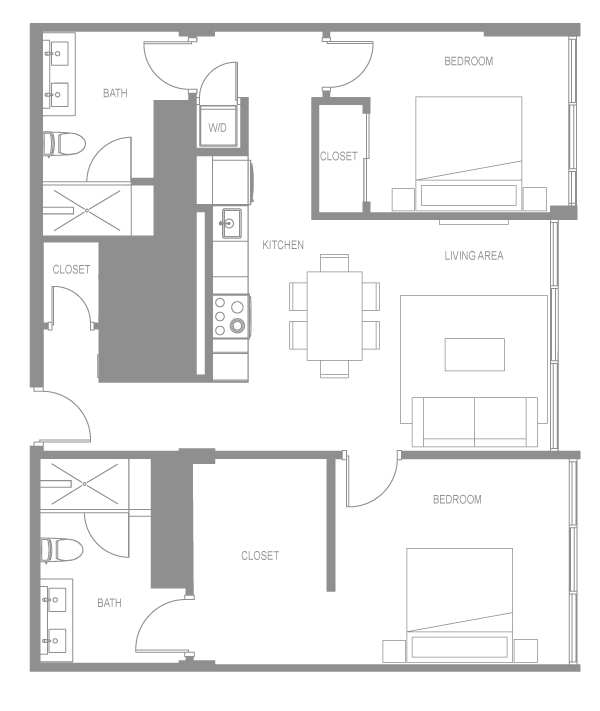 Floor plan for 2 beds, 2 baths, 1002 sqft