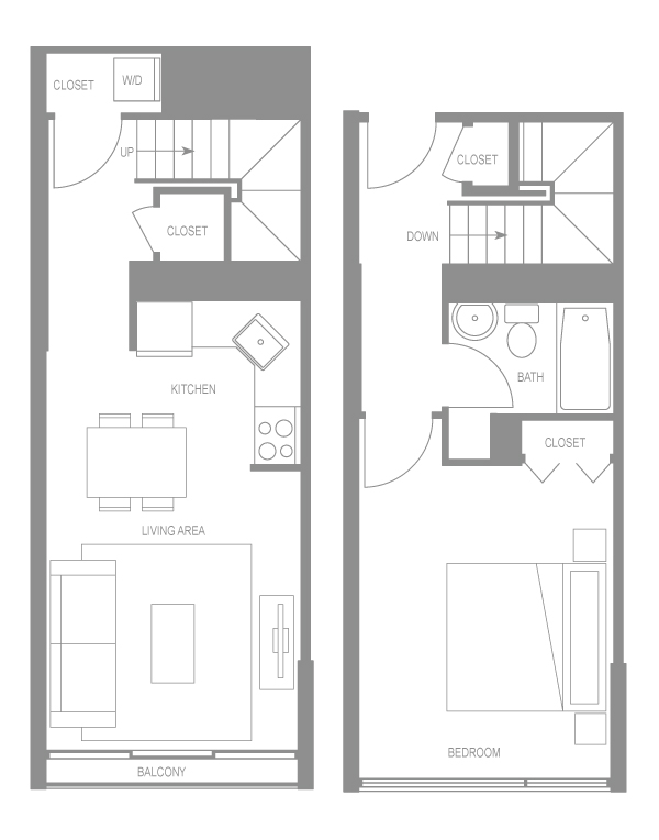 Floor plan for 1 bed, 1 bath, 737 sqft