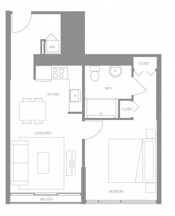 Floor plan for 1 bed, 1 bath, 686 sqft