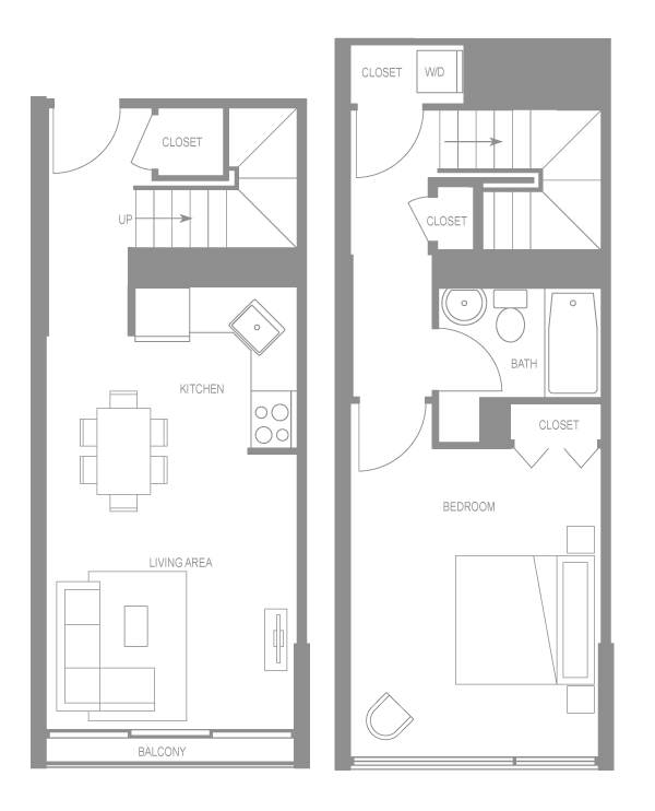 Floor plan for 1 bed, 1 bath, 737 sqft