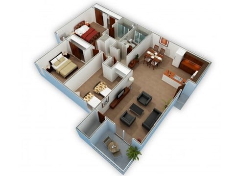 Floor plan for 3 beds, 2 baths, 1057 sqft