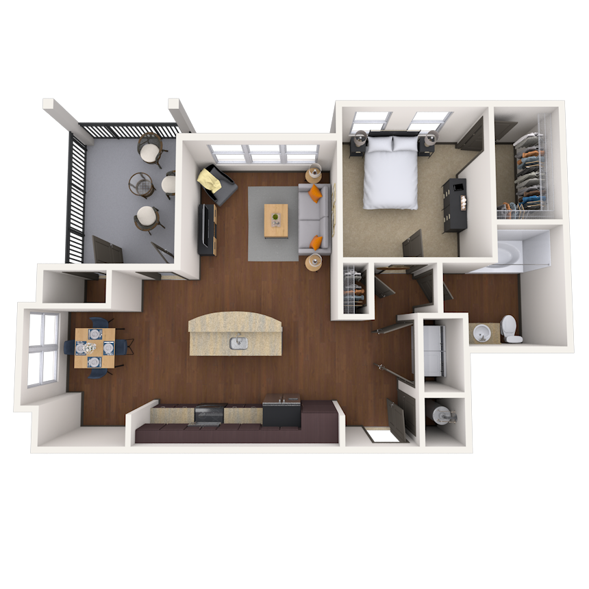 Floor plan for 1 bed, 1 bath, 877 sqft