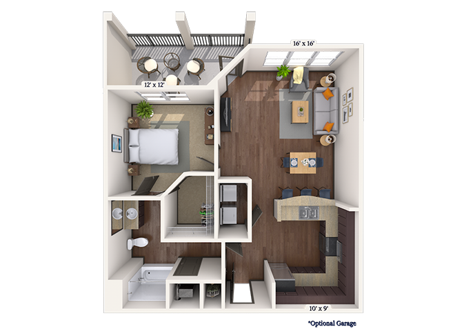 Floor plan for 1 bed, 1 bath, 700 sqft