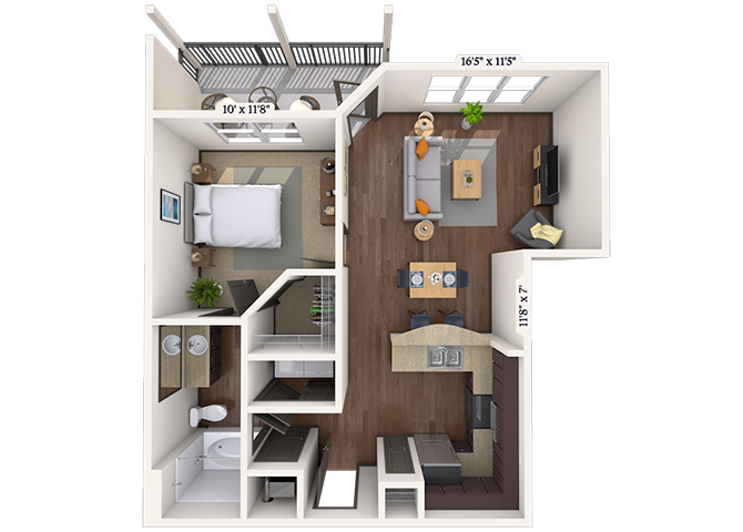 Floor plan for 1 bed, 1 bath, 718 sqft