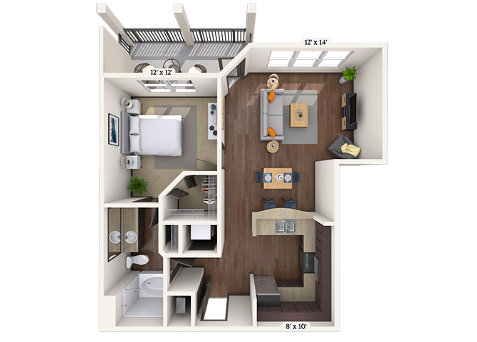 Floor plan for 1 bed, 1 bath, 718 sqft