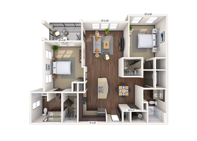 Floor plan for 2 beds, 2 baths, 1232 sqft