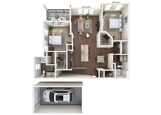 Floor plan for 2 beds, 2 baths, 1308 sqft