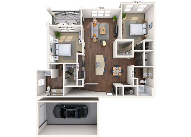 Floor plan for 2 beds, 2 baths, 1308 sqft