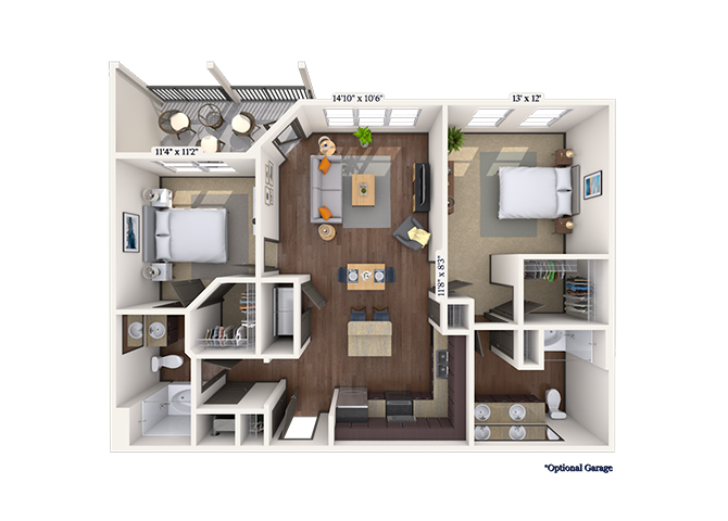 Floor plan for 2 beds, 2 baths, 1073 sqft