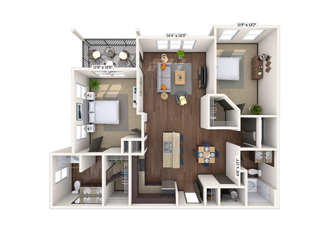Floor plan for 2 beds, 2 baths, 1232 sqft