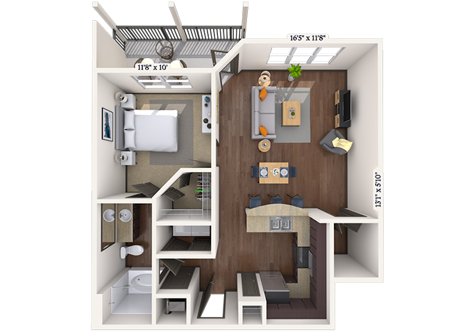 Floor plan for 1 bed, 1 bath, 774 sqft