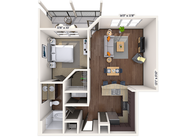 Floor plan for 1 bed, 1 bath, 751 sqft