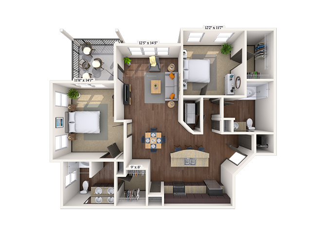 Floor plan for 2 beds, 2 baths, 1190 sqft
