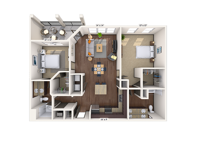 Floor plan for 2 beds, 2 baths, 1073 sqft