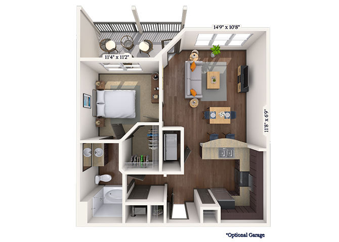 Floor plan for 1 bed, 1 bath, 700 sqft