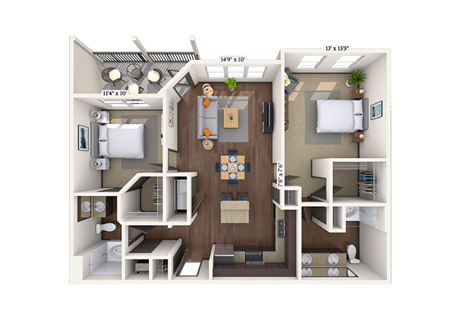 Floor plan for 2 beds, 2 baths, 1091 sqft
