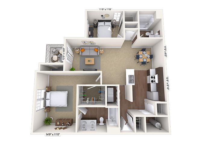 Floor plan for 2 beds, 2 baths, 1157 sqft