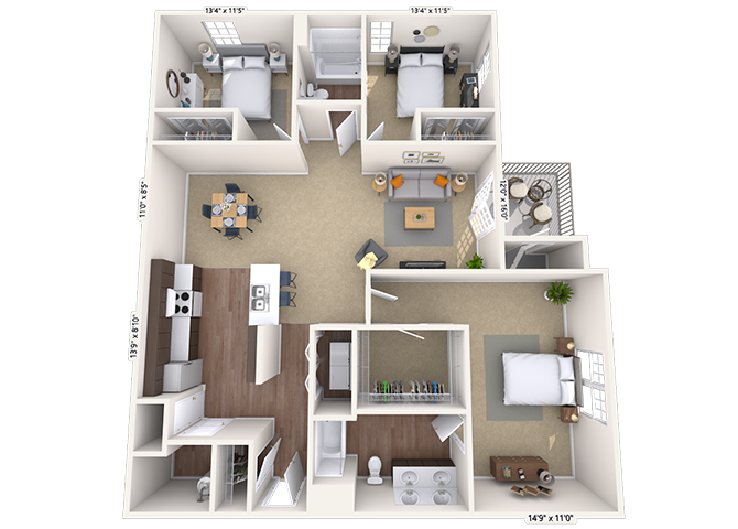 Floor plan for 3 beds, 2 baths, 1300 sqft