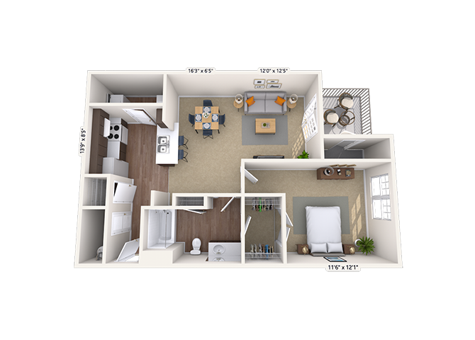 Floor plan for 1 bed, 1 bath, 859 sqft