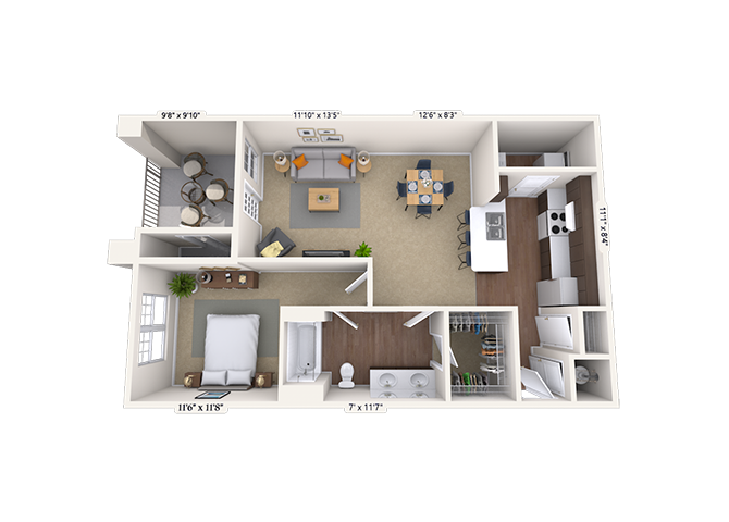 Floor plan for 1 bed, 1 bath, 861 sqft