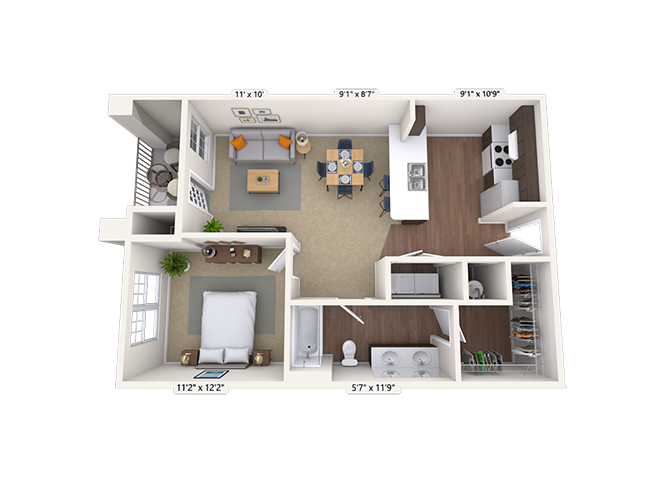 Floor plan for 1 bed, 1 bath, 746 sqft