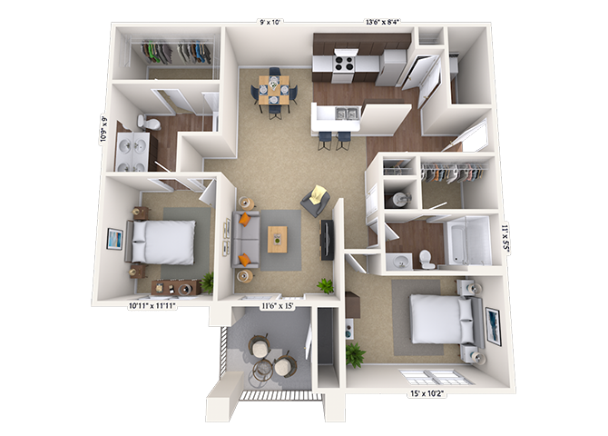 Floor plan for 2 beds, 2 baths, 1233 sqft