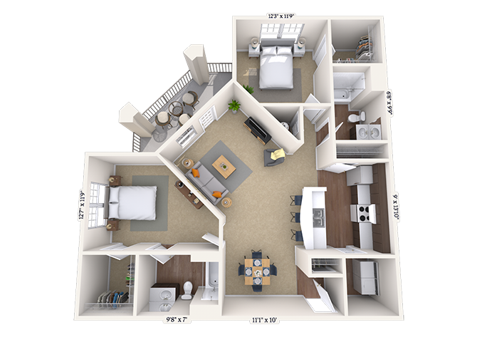 Floor plan for 2 beds, 2 baths, 1191 sqft