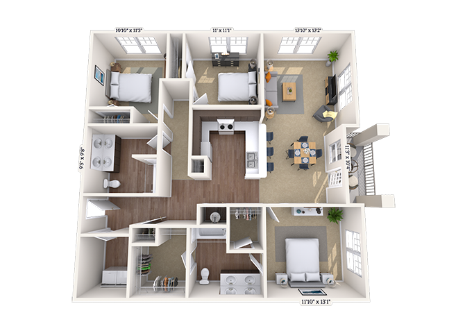 Floor plan for 3 beds, 2 baths, 1514 sqft