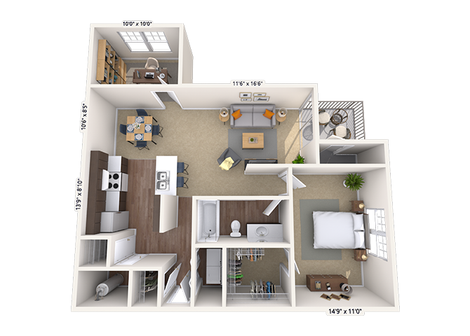 Floor plan for 1 bed, 1 bath, 995 sqft